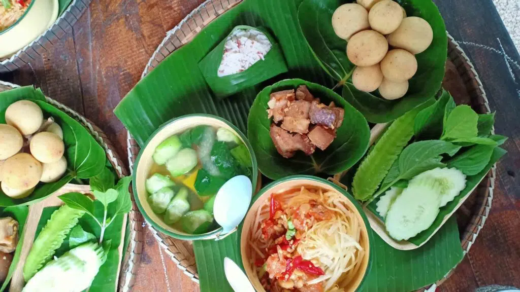 thai food on banana leaf
