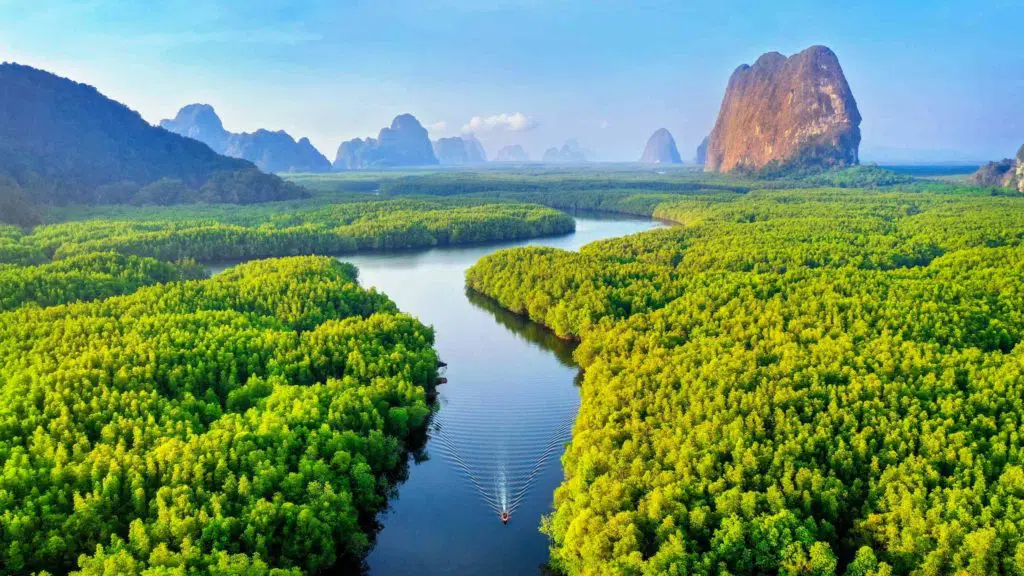 Aerial view of Phang Nga bay with mountains at sunrise