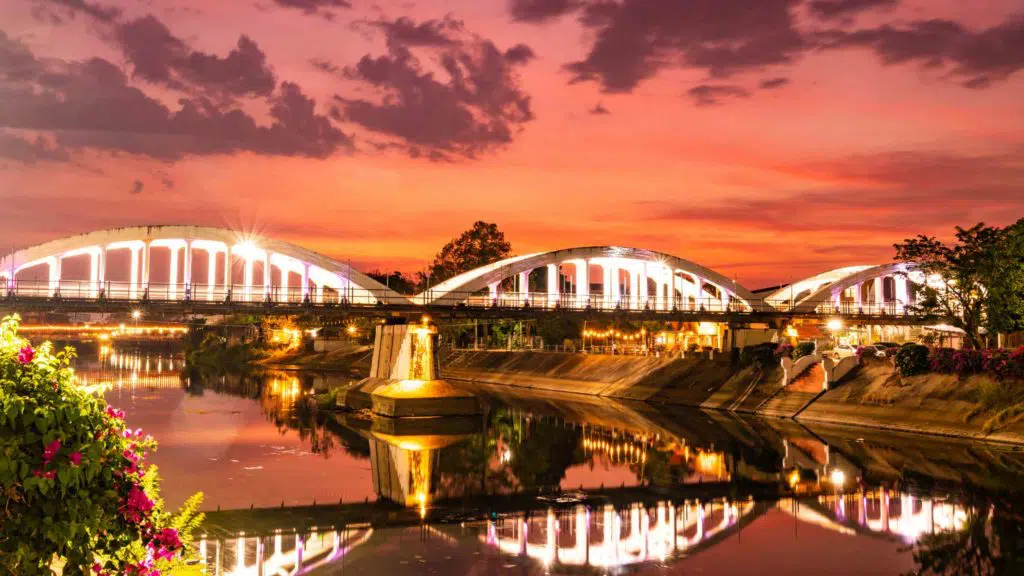 Ratsadaphisek Bridge over Wang River at Night Lampang