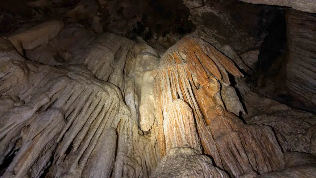 Stalactite and stalagmite inside coral cave at Khao Sok National Park