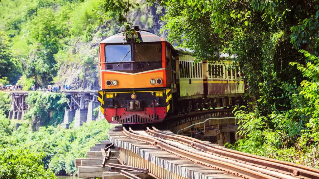 Thai Train on River Kwai Bridge of Kanchanaburi