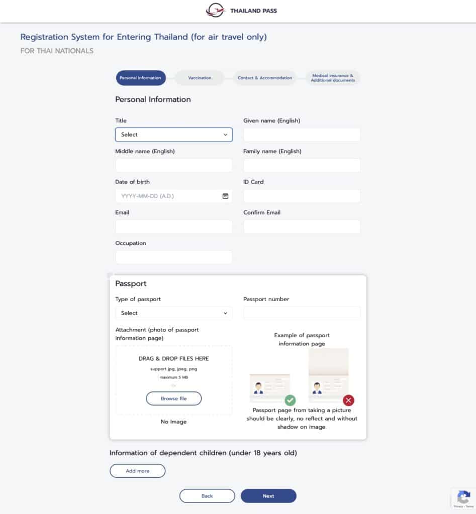 Thailand Pass Registration System - Personal Information Page