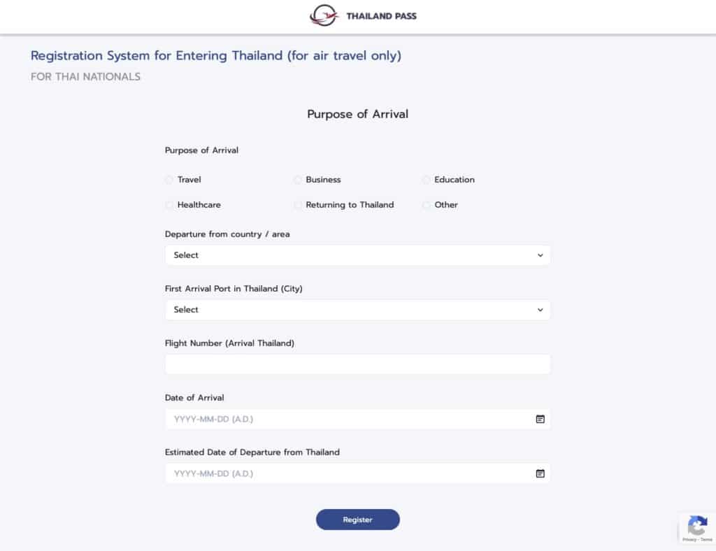 Thailand Pass Registration System - Purpose of Arrival