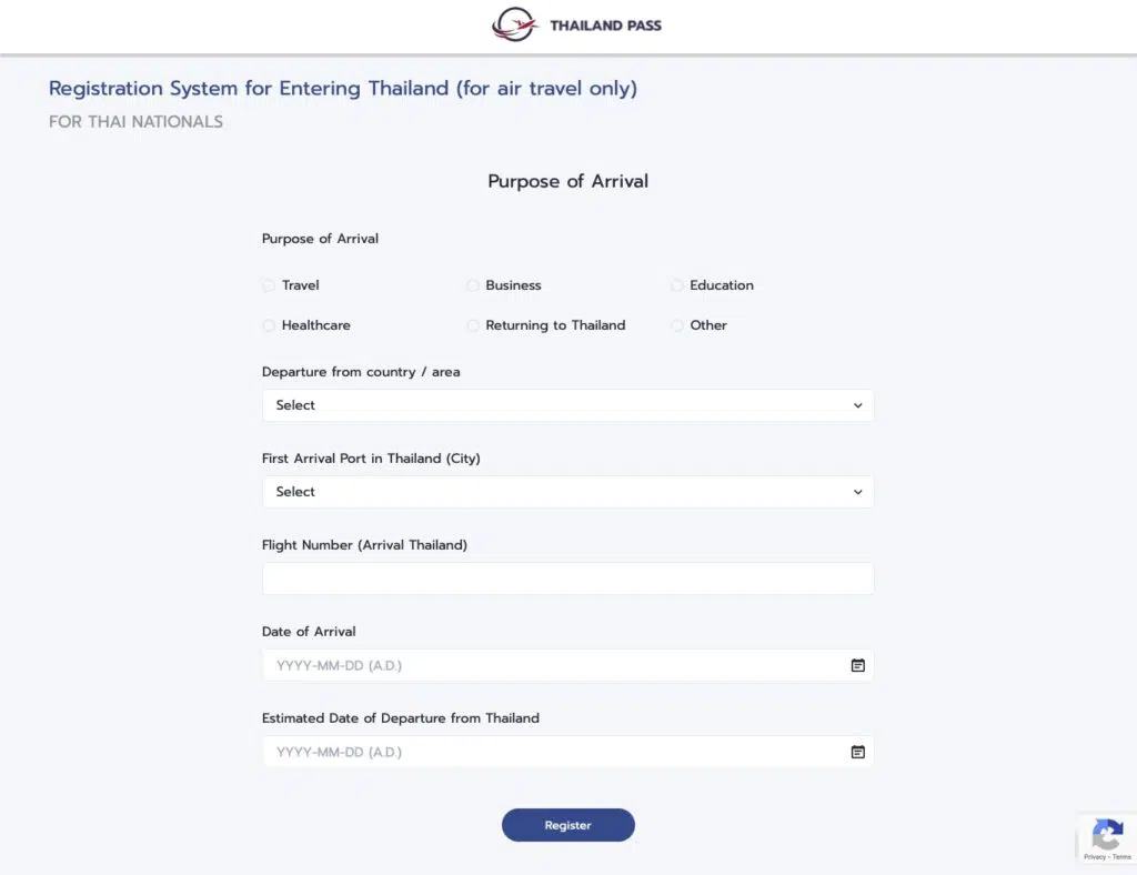 Thailand Pass Registration System - Purpose of Arrival