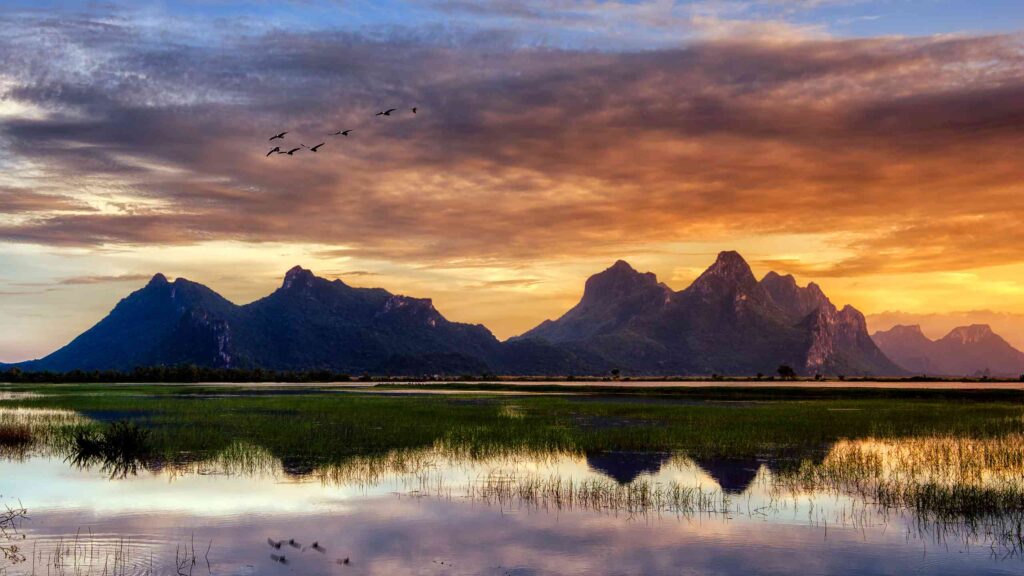 Beautiful sunset at the lake Khao Sam Roi Yot National Park Prachuap Khiri Khan