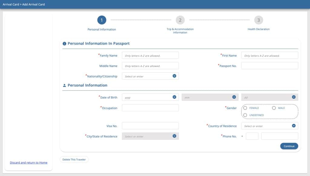 Thailand Digital Arrival Card 2025 personal information section showing passport details entry fields for travel agents