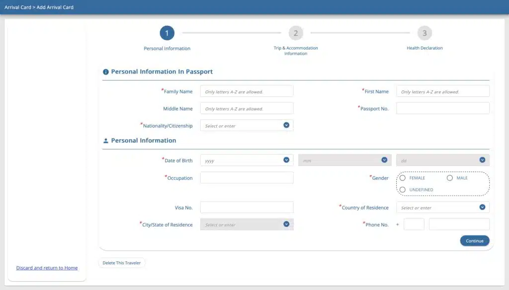 Thailand Digital Arrival Card 2025 personal information section showing passport details entry fields for travel agents