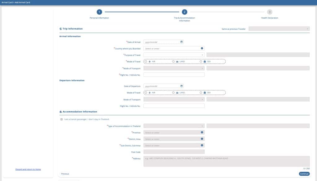 TDAC trip and accommodation form section showing flight details and hotel information fields for Thailand entry requirements