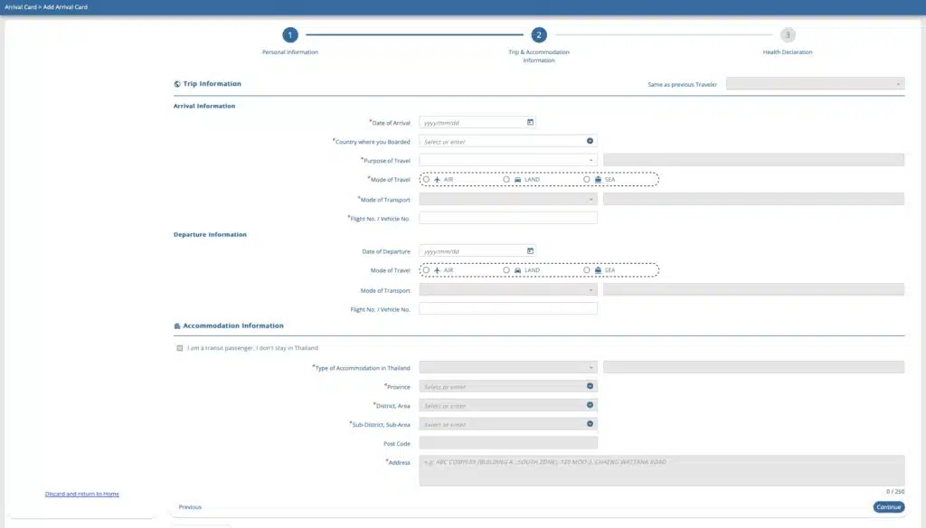 TDAC trip and accommodation form section showing flight details and hotel information fields for Thailand entry requirements
